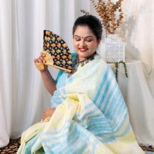 Linen saree in Blue & Yellow