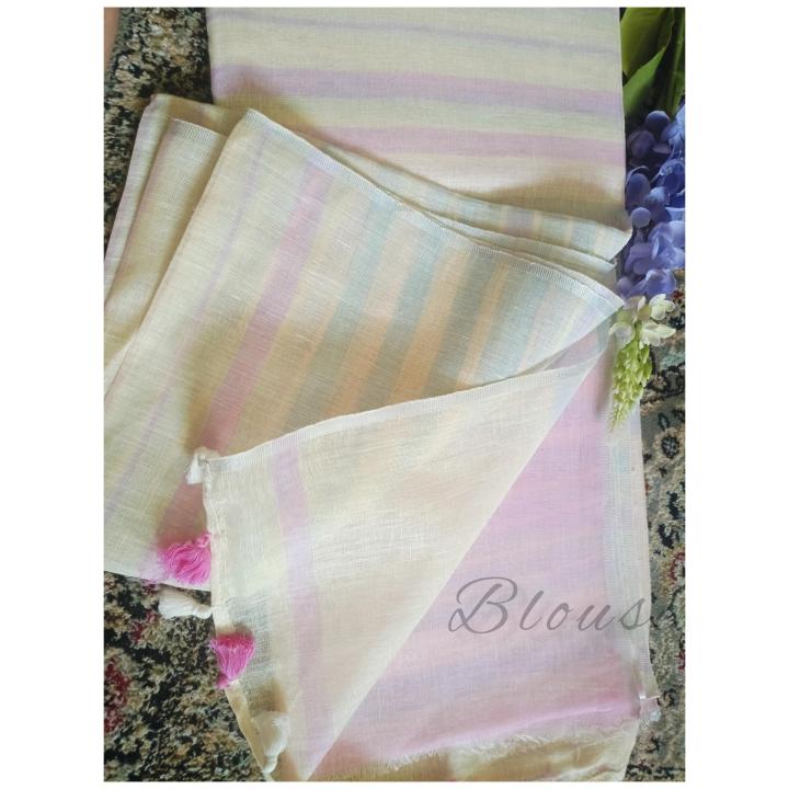 Subtle English Color Pure Linen Saree with Pink and Powder Blue Stripes