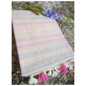 Subtle English Color Pure Linen Saree with Pink and Powder Blue Stripes
