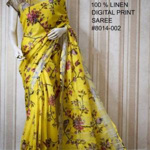 Yellow Digital Printed Pure Handloom Linen Saree