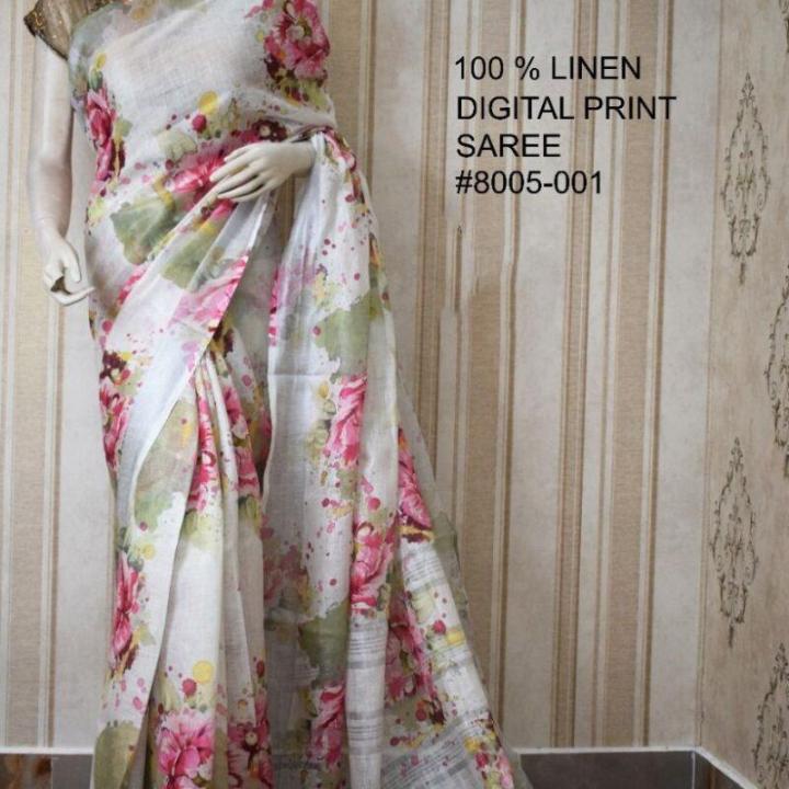 White Pink Digital Printed Pure Handloom Linen Saree