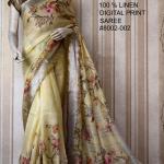 Cream Yellow Digital Printed Pure Handloom Linen Saree