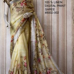 Cream Yellow Digital Printed Pure Handloom Linen Saree