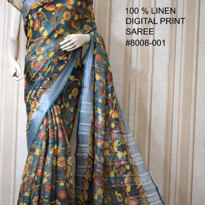Blue Colored Digital Printed Pure Handloom Linen Saree
