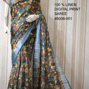 Blue Colored Digital Printed Pure Handloom Linen Saree