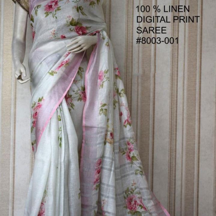 White Pink Digital Printed Pure Handloom Linen Saree