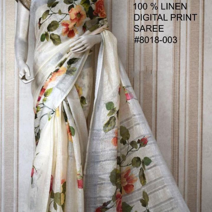 Cream Yellow Digital Printed Pure Handloom Linen Saree