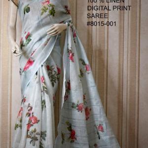 Light Blue Digital Printed Pure Handloom Linen Saree