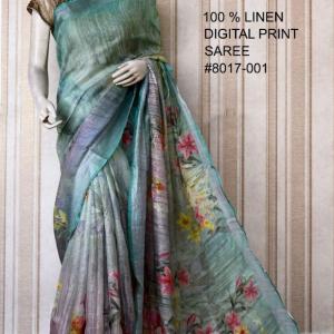 Grey Blue Digital Printed Pure Handloom Linen Saree
