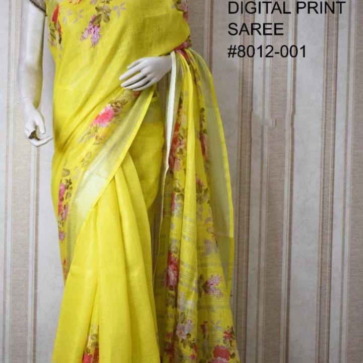 Yellow Digital Printed Pure Handloom Linen Saree