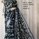 Black Pattern Digital Printed Pure Handloom Linen Saree