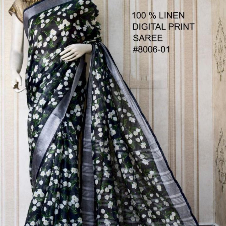 Black Pattern Digital Printed Pure Handloom Linen Saree