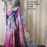 Blue Pink Digital Printed Pure Handloom Linen Saree
