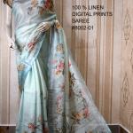 Blue Digital Printed Pure Handloom Linen Saree