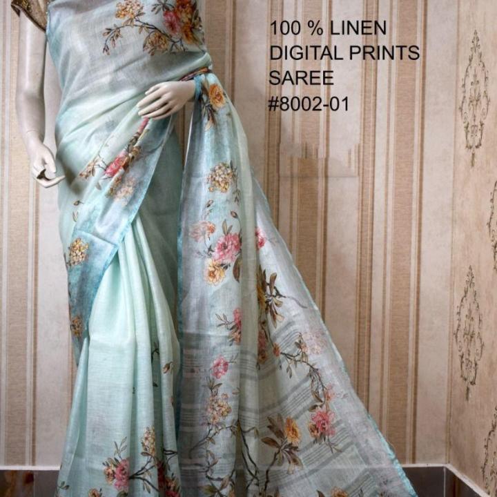 Blue Digital Printed Pure Handloom Linen Saree
