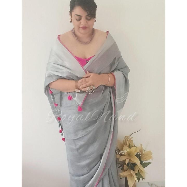 Grey & dark pink pure linen saree