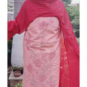 Hand-Embroidered Pure Cotton Suit with Laced Chiffon Dupatta