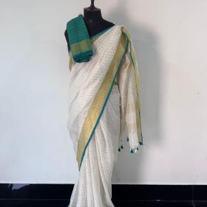 Onam Special Linen Saree – Off-White with Gold & Green Borders