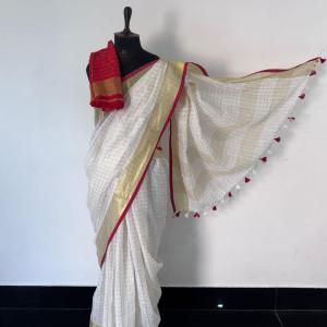 Onam Special Linen Saree – Off-White with Gold & Red Borders & Tassels