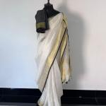 Onam Special Linen Saree – Off-White with Gold & Black Borders