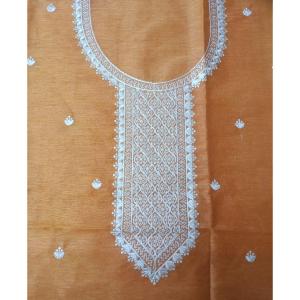 Saffron Orange Linen Silk Kurta with White Neckline Embroidery