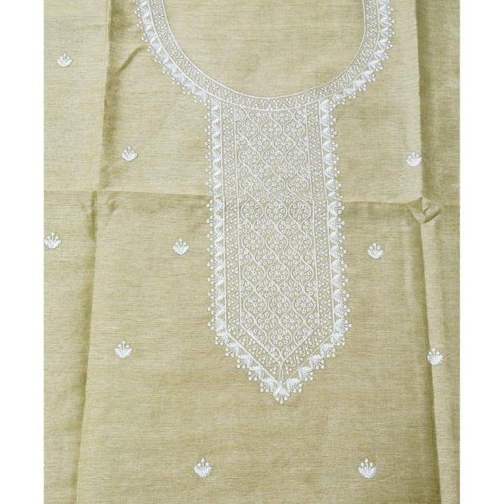 Olive Green Linen Silk Kurta with White Chikankari-Style Embroidery