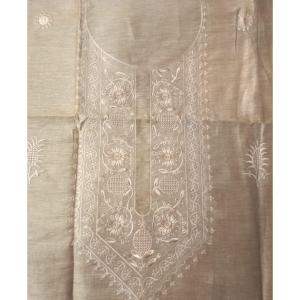 Light Khaki Linen Silk Kurta with Pale Gold Embroidery