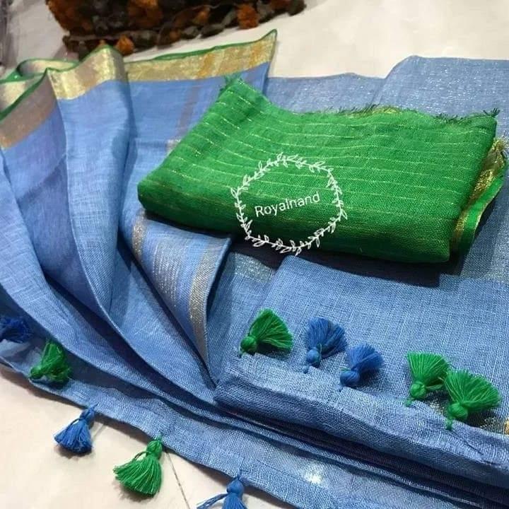 Blue Green Handloom Linen Saree