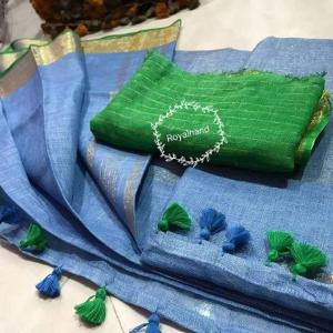 Blue Green Handloom Linen Saree