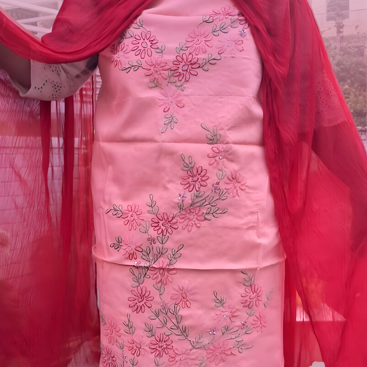 Hand-Embroidered Pure Cotton Suit with Laced Chiffon Dupatta