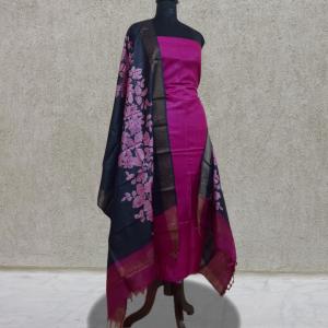 Dark Pink Tussar Silk Block Printed 2-Piece Suit Set with Black & Pink Dupatta