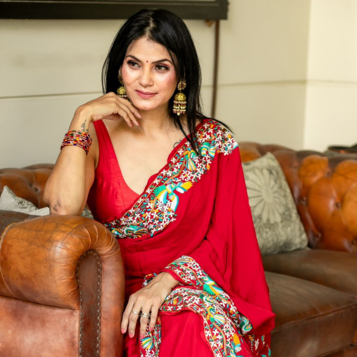 Parsi Red Crepe Embroidered Saree