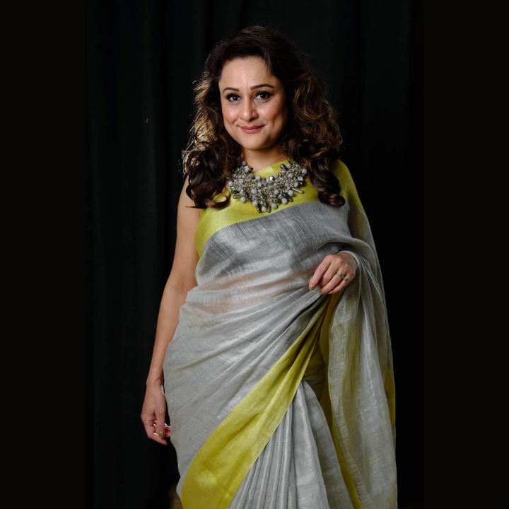 Luxurious Silver and Yellow Contrast Linen Tissue Saree