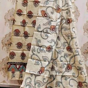 Two Piece Suit Tussar Silk (Red flowers on Off white)