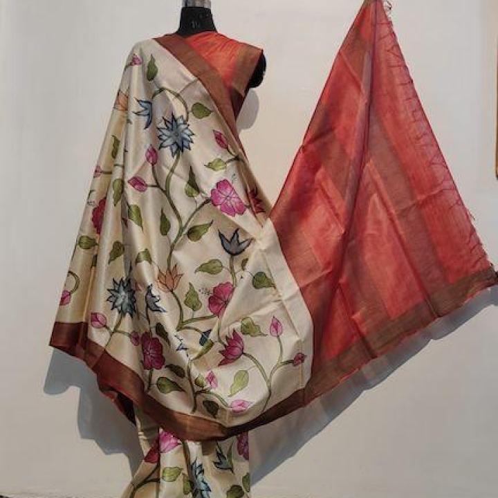 Tussar Silk Saree (Red & Cream)