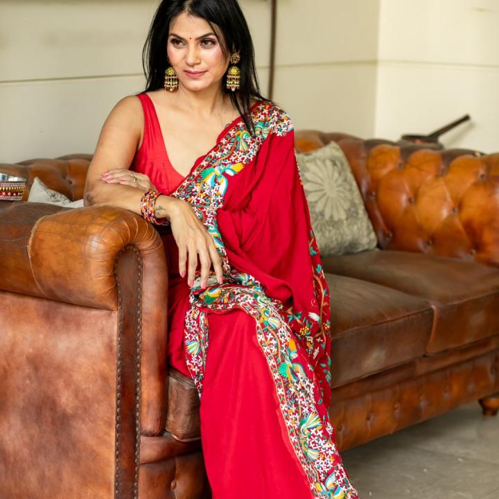 Parsi Red Crepe Embroidered Saree