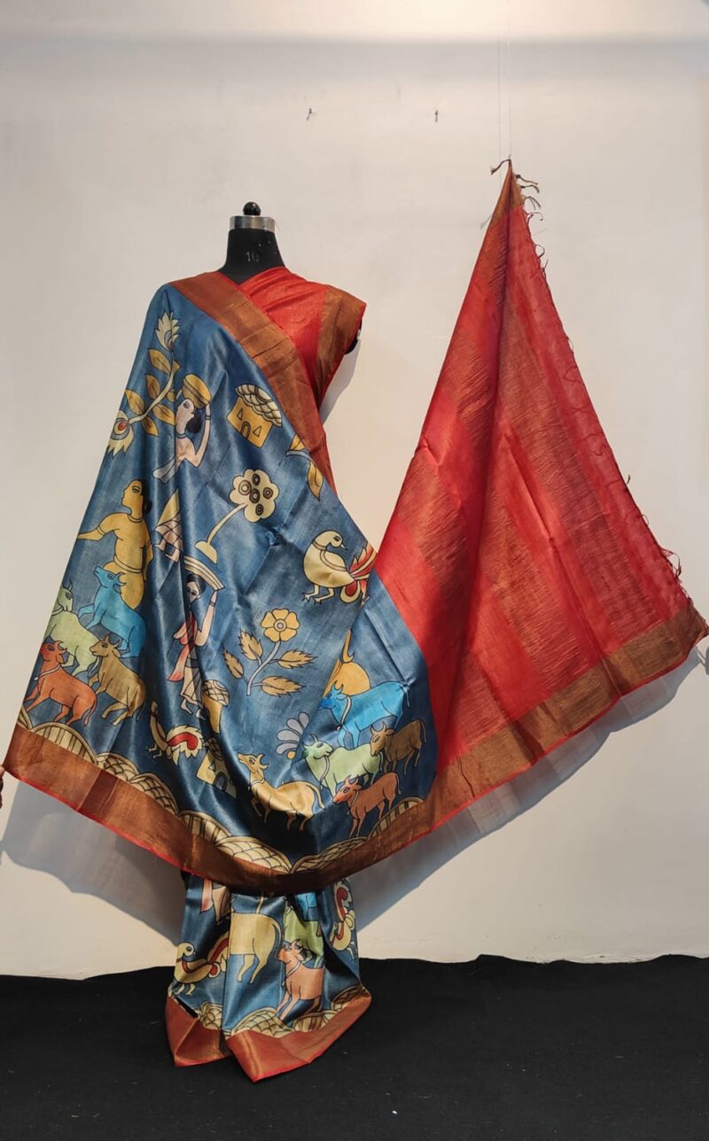 Tussar Silk Saree (Blue & Red)