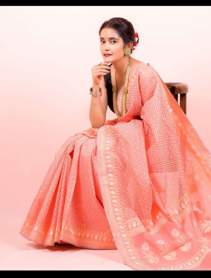 Saree Pure cotton chevron (Orange)