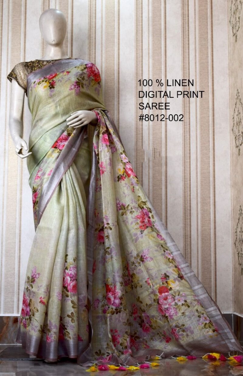 Coral Green & Gray Digital Printed Pure Handloom Linen Saree