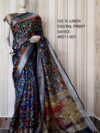 Black Grey Digital Printed Pure Handloom Linen Saree