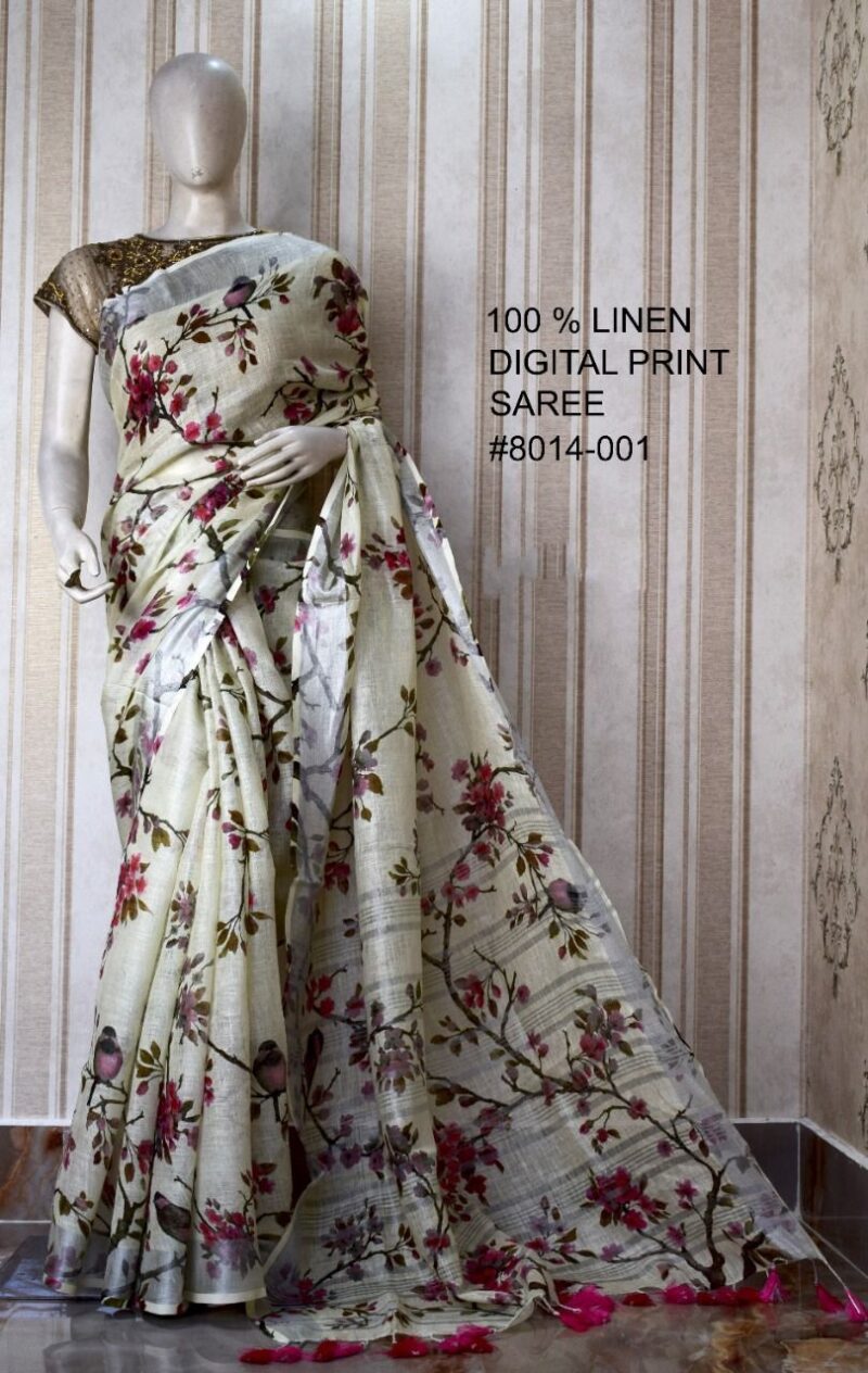Cream & Gray Digital Printed Pure Handloom Linen Saree