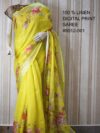 Yellow Digital Printed Pure Handloom Linen Saree