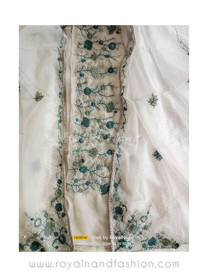Parsi French knot Hand embroidery Greengrey Suit - Image 4